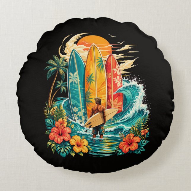 Hawaii Surfboard Wave Beach Surfer Vintage Round Cushion (Front)
