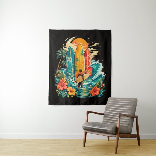 Hawaii Surfboard Wave Beach Surfer Vintage Tapestry (In Situ)