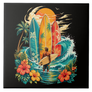 Hawaii Surfboard Wave Beach Surfer Vintage Tile