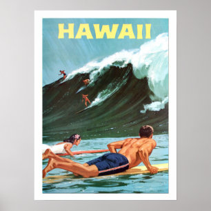 Hawaii, surfing, big wave, vintage travel poster