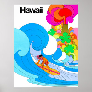 Hawaii, Surfing on big wave, sixties illustration Poster