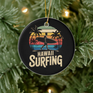 hawaii surfing retro - vintage sunset beach surfer ceramic tree decoration