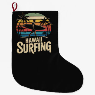 Hawaii Surfing Retro - Vintage Sunset Beach Surfer Large Christmas Stocking