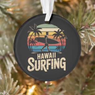 hawaii surfing retro - vintage sunset beach surfer ornament