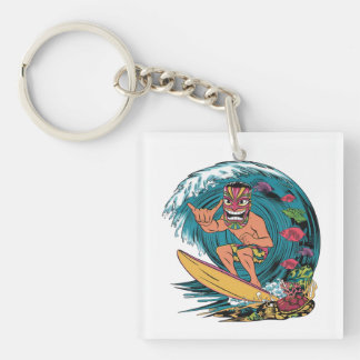 Hawaii surfing vintage colourful badge with man in key ring