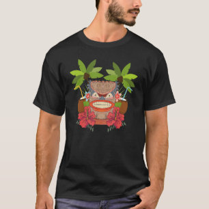 Hawaii Tiki Mask Totem Tropical Flowers Luau Party T-Shirt