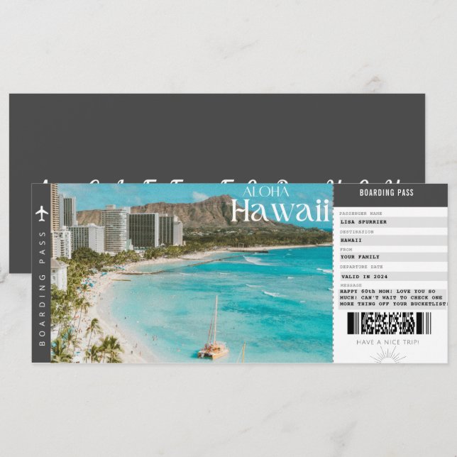 Hawaii Trip Boarding Pass Travel Vacation Ticket Invitation (Front/Back)
