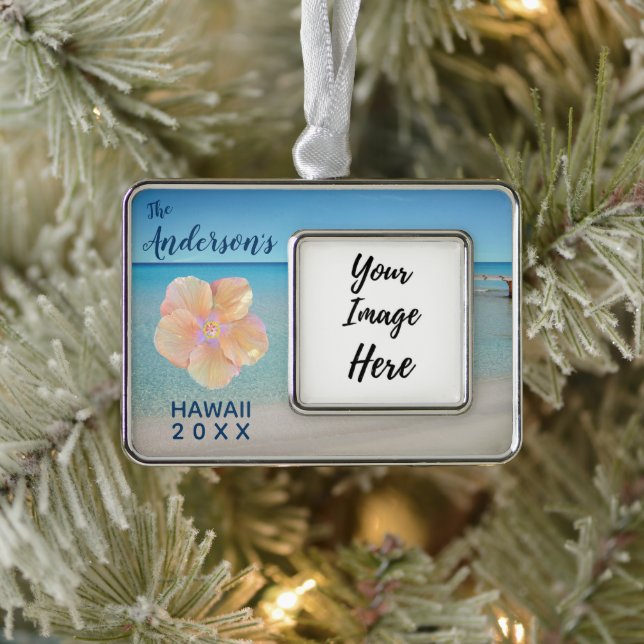 Hawaii Trip Year Beach Landscape Photo Silver Plated Framed Ornament (Tree)