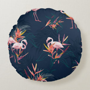 Hawaii Tropical Flamingo With Bird of Paradise Flo Round Cushion