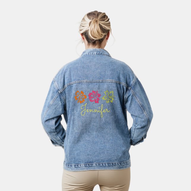 Hawaii Tropical Hawaiian Hibiscus Flowers Floral Denim Jacket (Model)