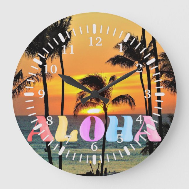 Hawaii Tropical Ocean Palm Tree Sunset Large Clock (Front)