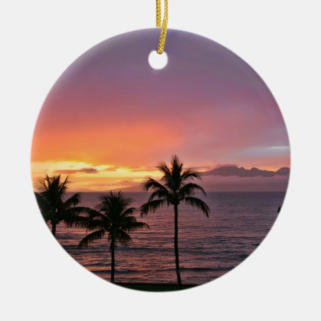 Hawaii Tropical Sunset on the Beach Ceramic Tree Decoration (Front)