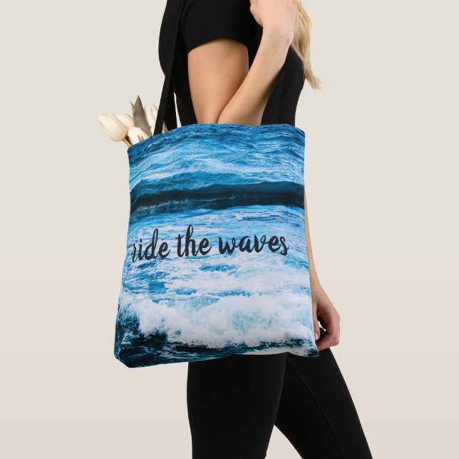 Hawaii Turquoise Ocean Photo Ride the Waves Quote Tote Bag (Close Up)