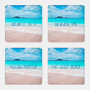 Hawaii turquoise ocean sandy beach photo 4 quotes coaster set