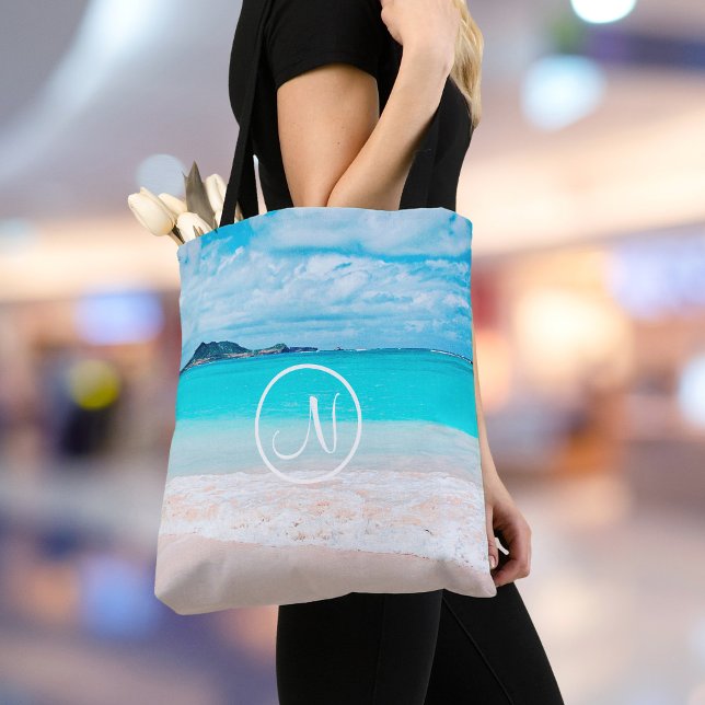 Hawaii turquoise ocean sandy beach photo monogram tote bag (Creator Uploaded)