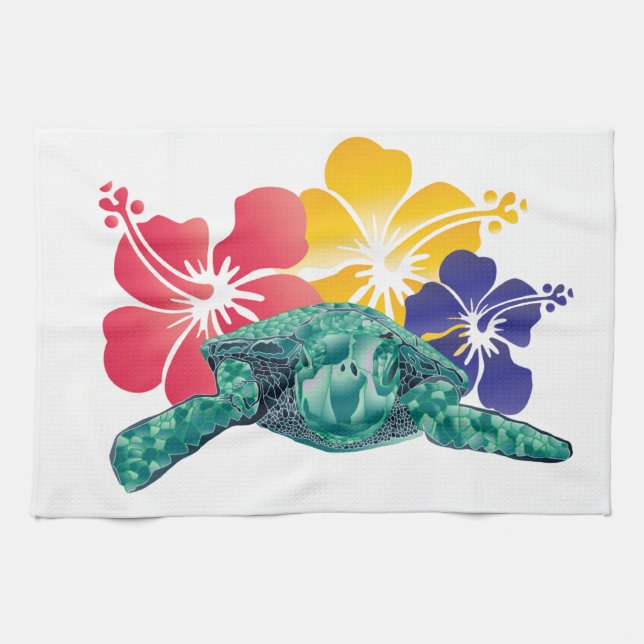 Hawaii Turtle and Hibiscus Flowers Tea Towel (Horizontal)