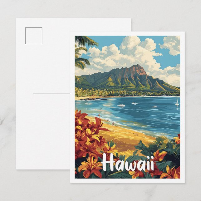 Hawaii USA Art Vintage Illustration Travel Postcard (Front/Back)