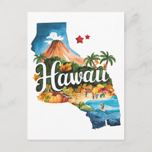 Hawaii USA State Shaped Vintage Watercolor Postcard
