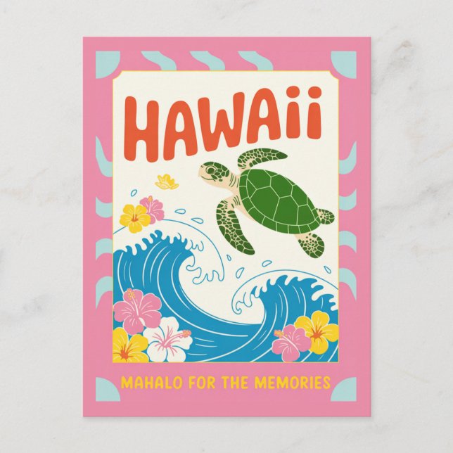Hawaii USA Vintage Sea Turtle Hibiscus Mahalo Postcard (Front)
