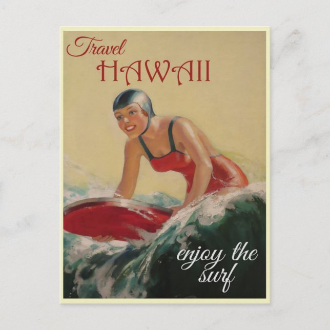 Hawaii Vintage Surfer Woman Travel Postcard (Front)