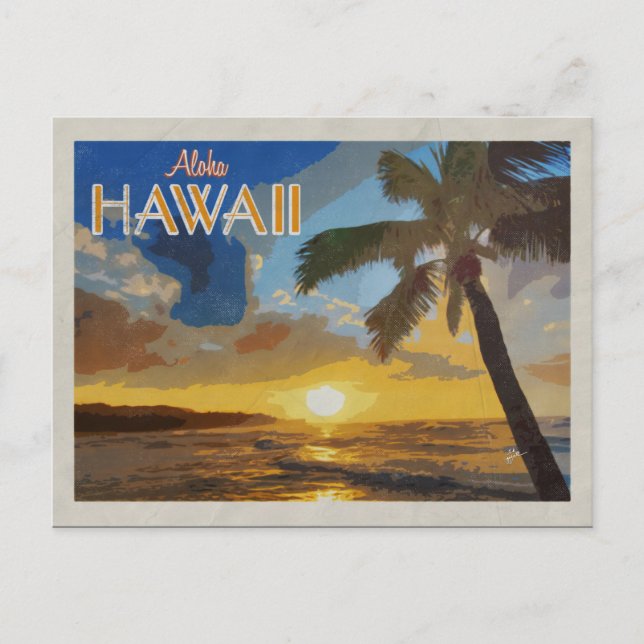 Hawaii Vintage Travel Poster Palm Trees Sunset Postcard (Front)