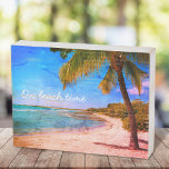 Hawaii Vintage Tropical Palm Photo On Beach Time Wooden Box Sign<br><div class="desc">“On beach time.” Rewind back to memories of lazy, tropical beach days whenever you gaze at this Hawaii vacation retro, distressed wood art print of a lone palm tree on a sandy, crescent beach, with clear turquoise blue skies and water. The real wood gives this artwork a vintage patina. Great...</div>