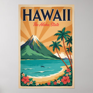Hawaii Volcano Illustration Travel Art Vintage Poster