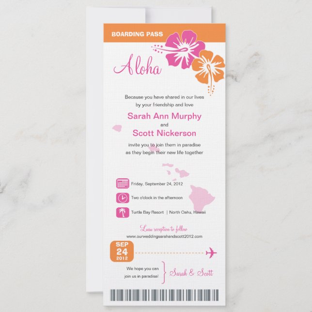 Hawaii Wedding Boarding Pass Invitation (Front)