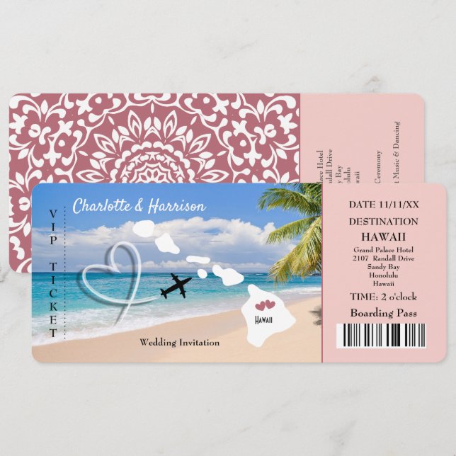 Hawaii Wedding Destination Ticket Pass Invitation (Front/Back)