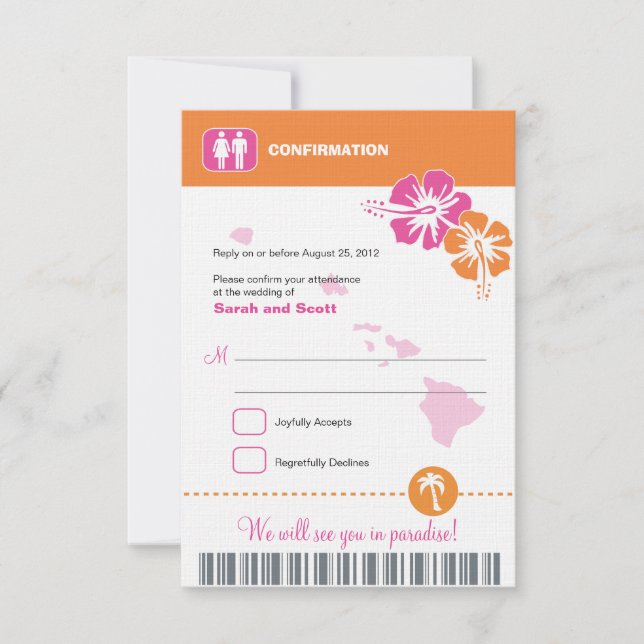 Hawaii Wedding RSVP Confirmation Boarding Pass Card (Front)