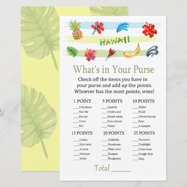 Hawaii What's in your purse game baby shower (Front/Back)