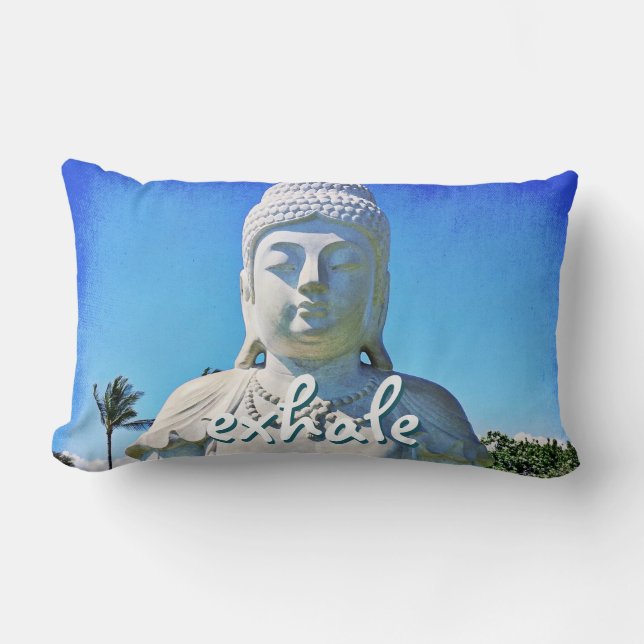 Hawaii White Buddha Photo Exhale Quote Bold Lumbar Cushion (Front)