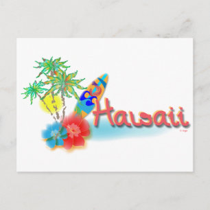 Hawaii with Palms, Flowers and Surfboard Postcard