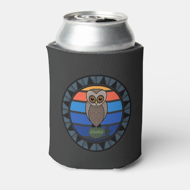 Hawaiiam Pueo Owl Retro Sun Circle Can Cooler (Can Back)