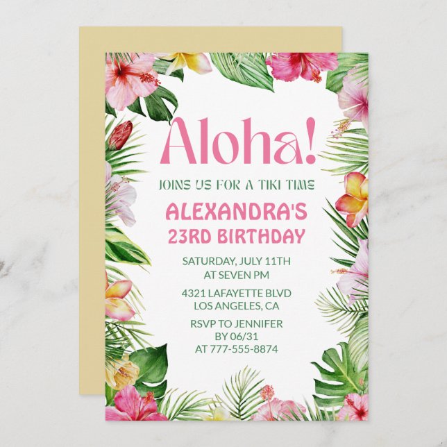 Hawaiian 23rd birthday invitation Tropical Floral (Front/Back)