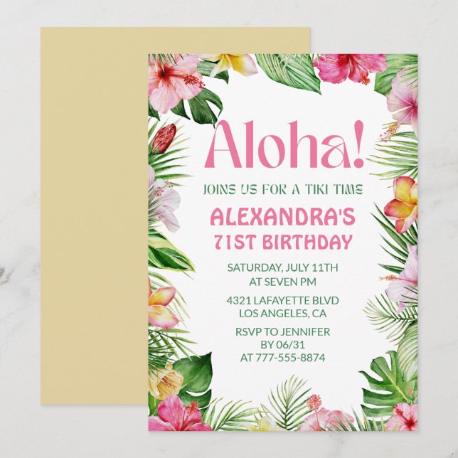 Hawaiian 71st birthday invitation Tropical Floral (Front/Back)