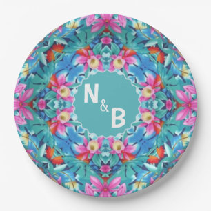 Hawaiian Abstract Monogram Couple Classic Round  Paper Plate
