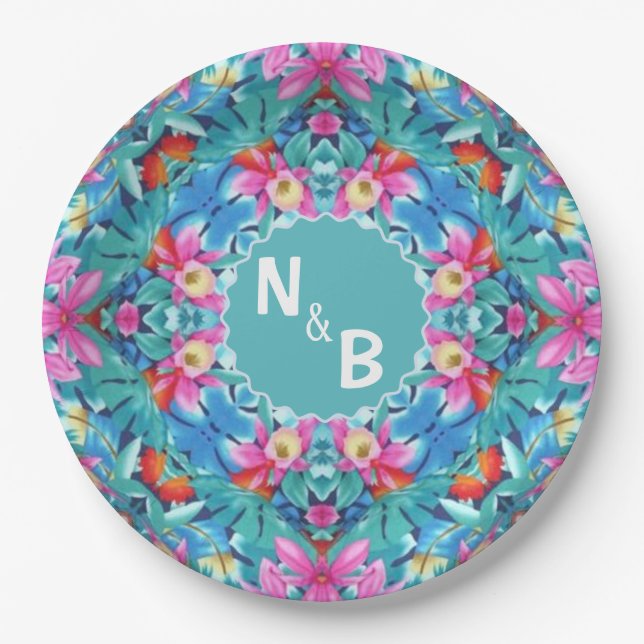 Hawaiian Abstract Monogram Couple Classic Round  Paper Plate (Front)