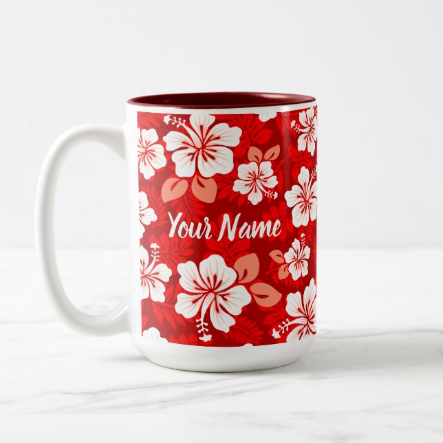 Hawaiian Aloha Shirt Pattern — Red Two-Tone Coffee Mug (Left)