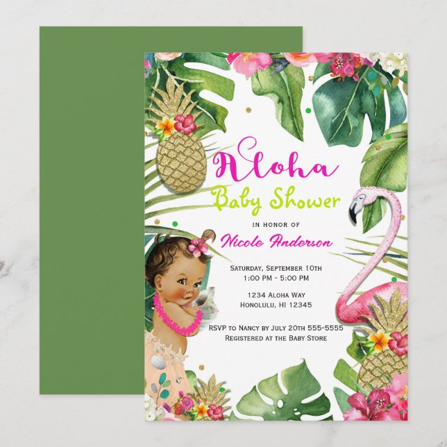 Hawaiian Aloha Tropical Baby Girl Vintage Shower  Invitation (Front/Back)