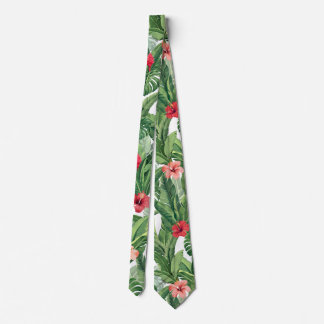 Hawaiian Aloha Wear Tropical Flower Leaf Green Red Tie