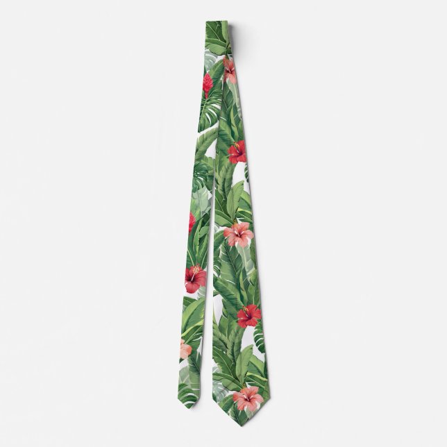 Hawaiian Aloha Wear Tropical Flower Leaf Green Red Tie (Back)