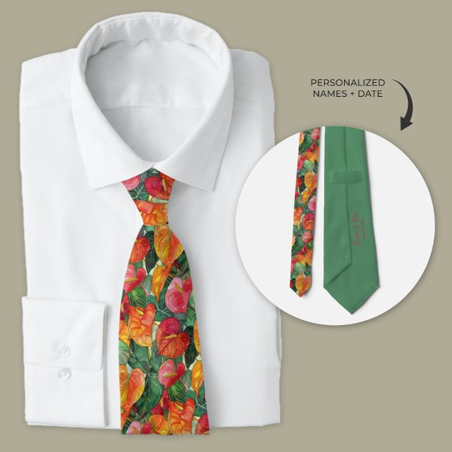 Hawaiian Anthurium Flowers Personalised Tie (Tropical Hawaiian Anthurium flower wedding necktie.)