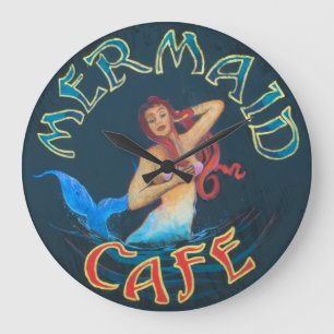 Hawaiian Art by C. Cabral: Mermaid Cafe Sign Large Clock