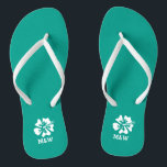 Hawaiian beach flower monogram wedding flip flops<br><div class="desc">Personalised Hawaiian beach flower monogram wedding flip flops for bride and groom or guests. Elegant party favour set with custom last name or monogram and tropical Hibiscus floral. Custom background and strap colour for him and her / men and women. Romantic aqua turquoise blue and white his and hers wedge...</div>