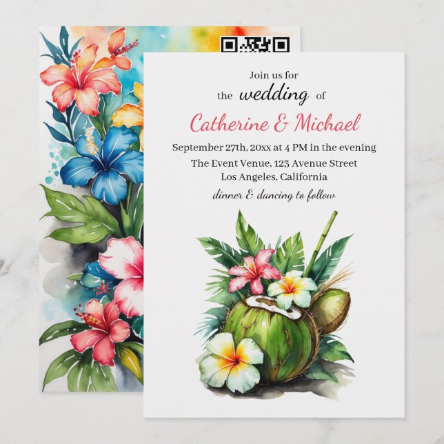 Hawaiian Beach Holiday Summer Hibiscus Wedding Invitation (Front/Back)