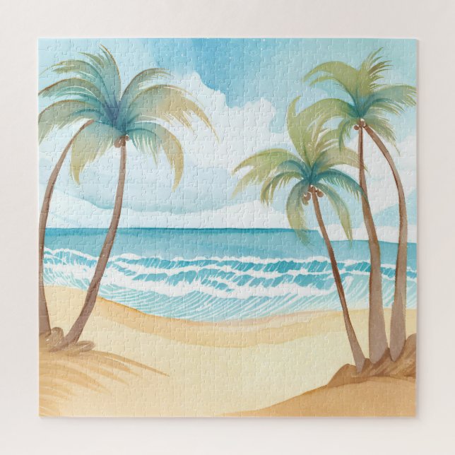 Hawaiian Beach | Palm Tree Tropical Watercolor Jigsaw Puzzle (Vertical)