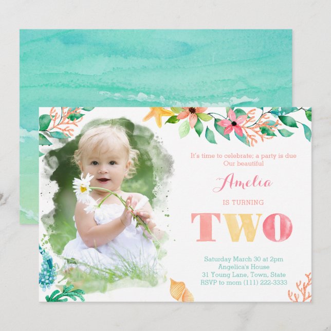 Hawaiian Beaches Girl 2nd Birthday Party Invitation (Front/Back)