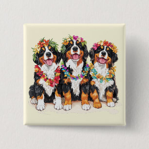 Hawaiian Bernese Mountain Dogs Flower Lei 15 Cm Square Badge