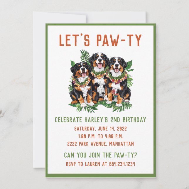 Hawaiian Bernese Mountain Dogs Flower Lei Invitation (Front)